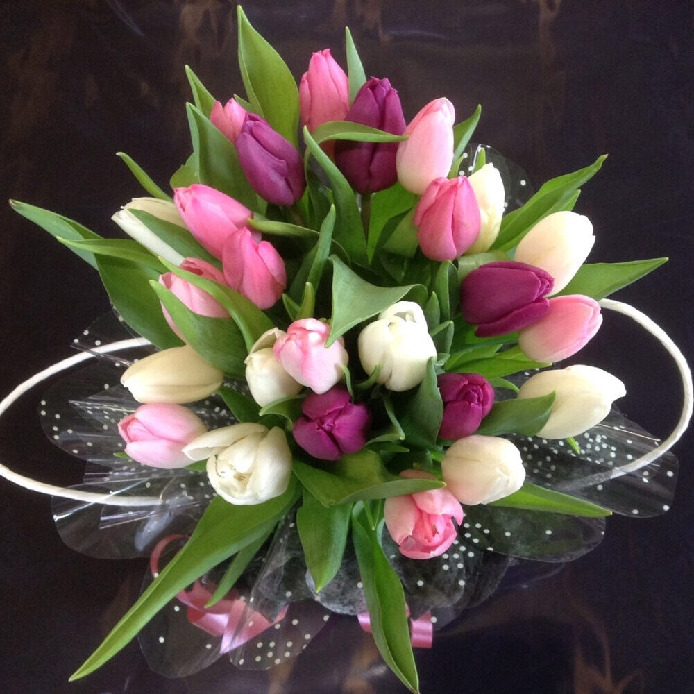 Birthday flowers, tulips, pink purple white, florist