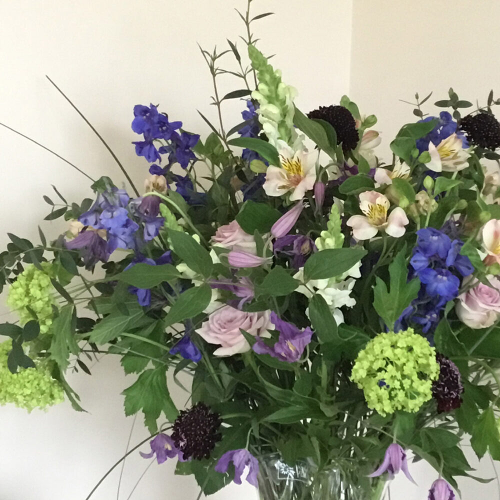 birthday flowers, roses, green purple white pink, florist
