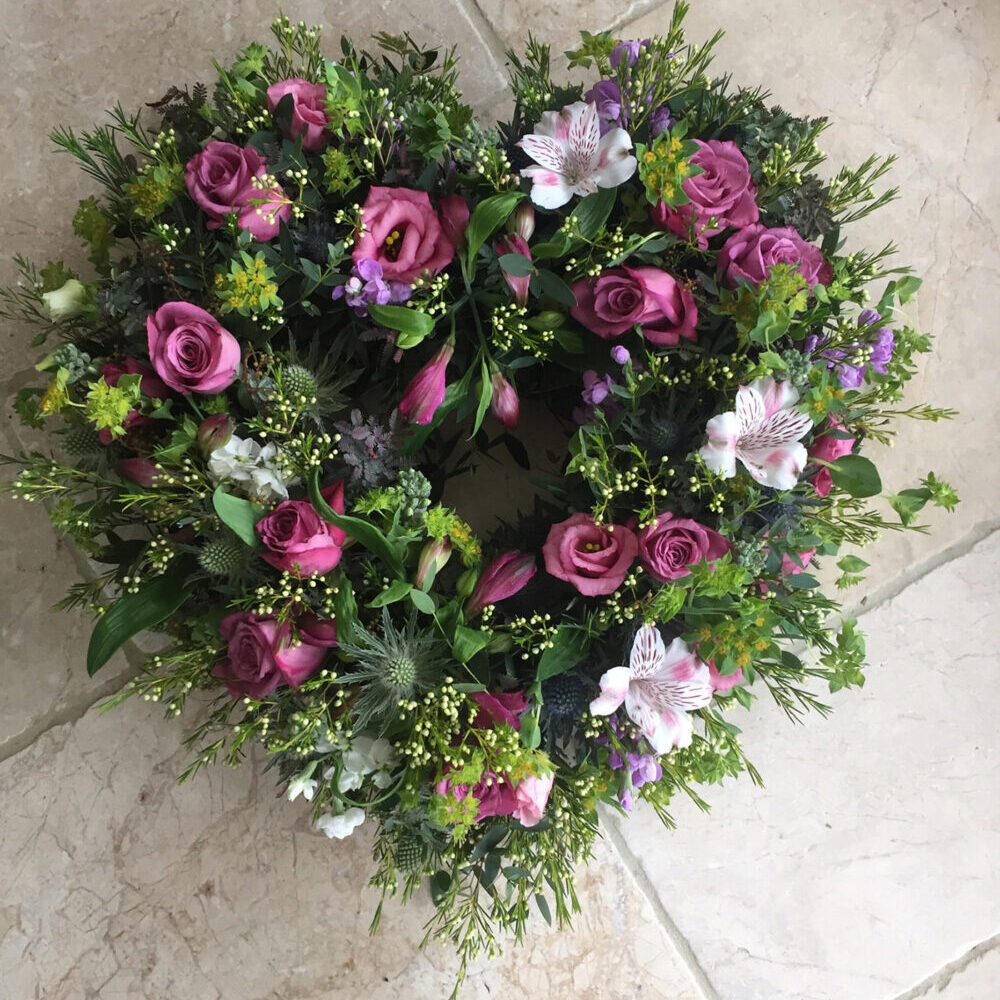 birthday flowers, roses, green purple white pink, heart shape, florist