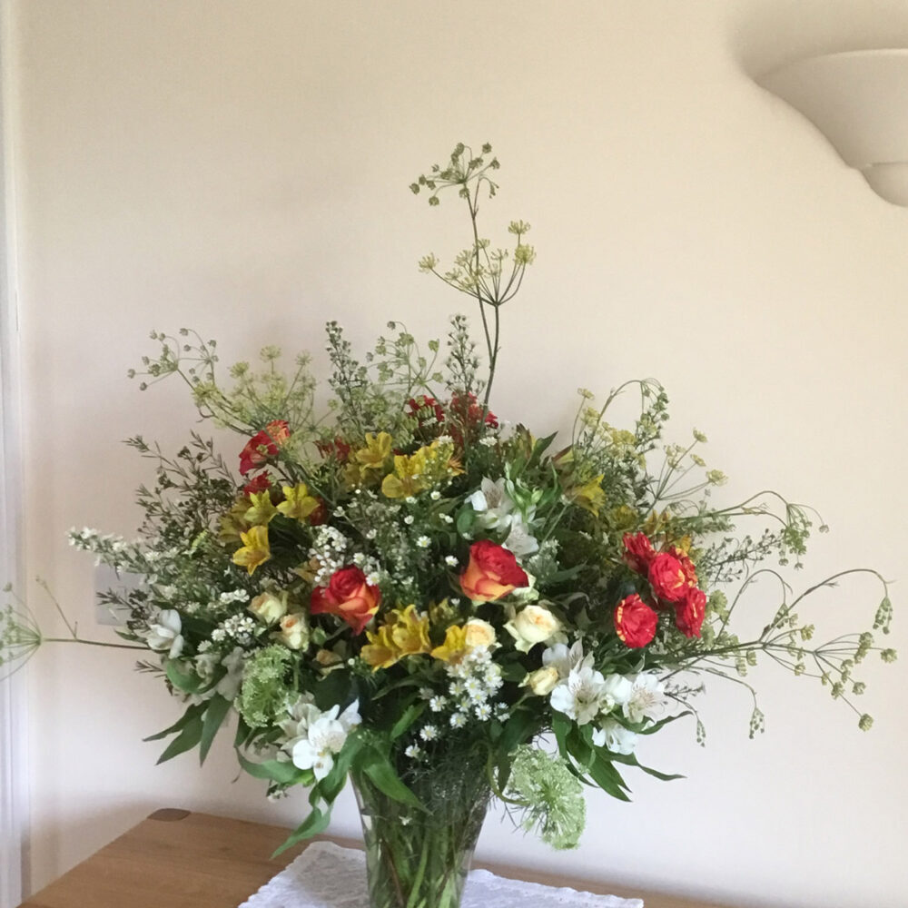 birthday flowers, roses, green red yellow white, vase, florist