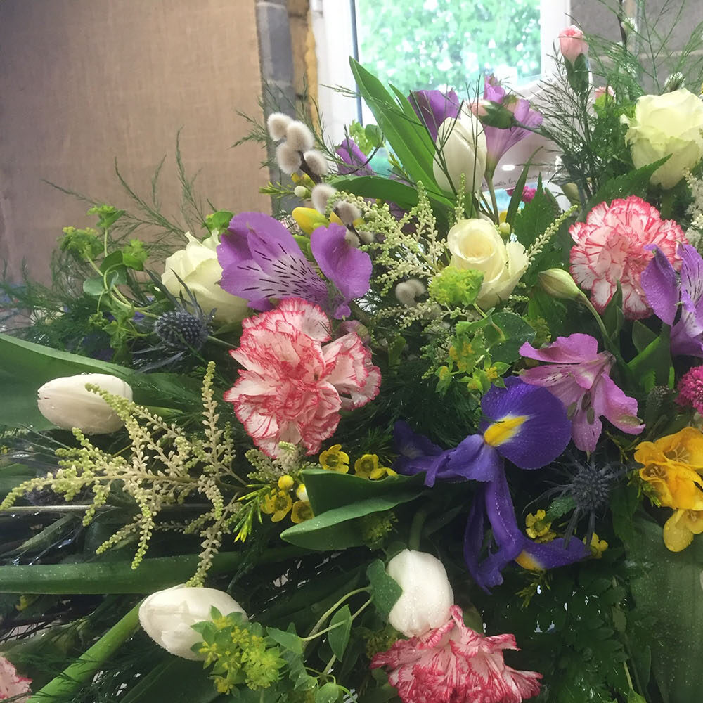 birthday flowers, tulips, green pink purple white, florist, bouquet