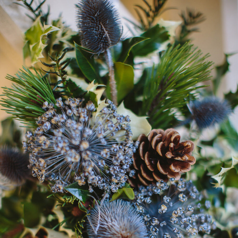 Christmas flowers, pine cone, bouquet, winter, blue green brown, bouquet