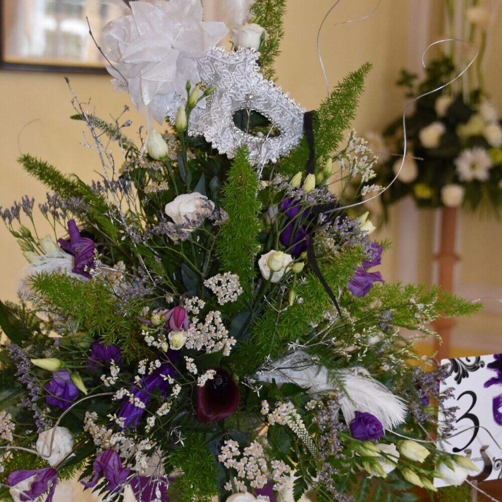 event flowers, purple white green silver