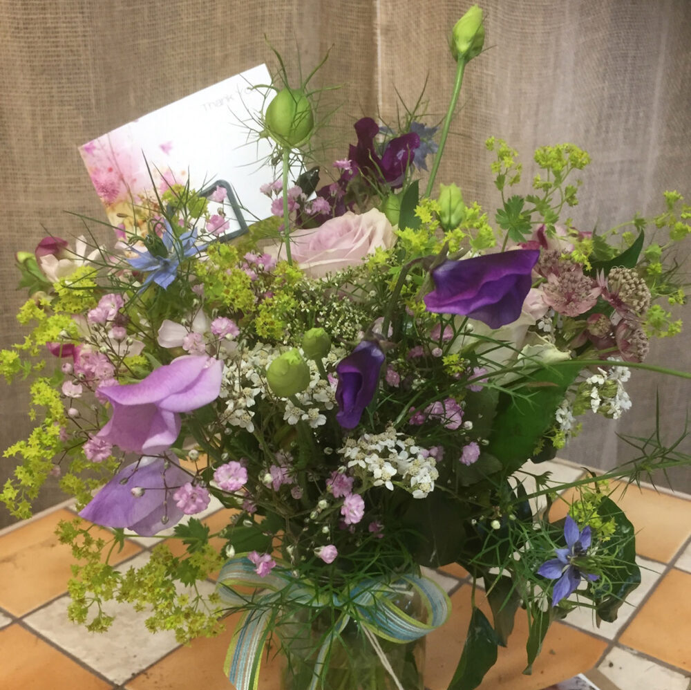 mother's day flowers, vase, purple green pink