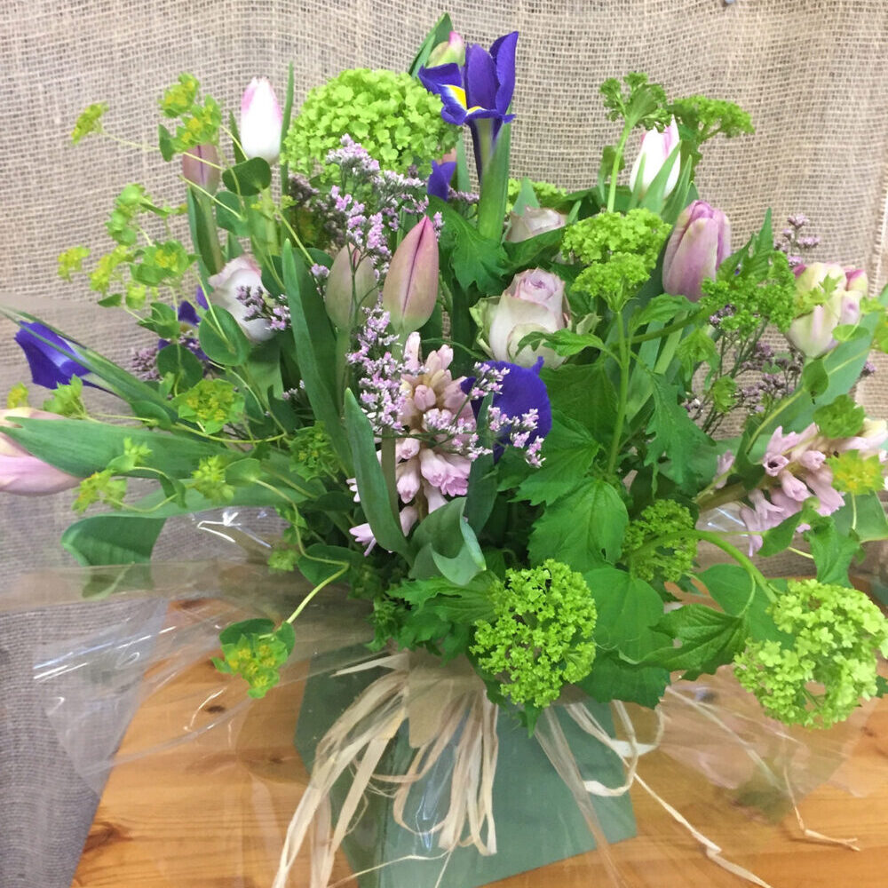 mother's day flowers. box, green purple pink white
