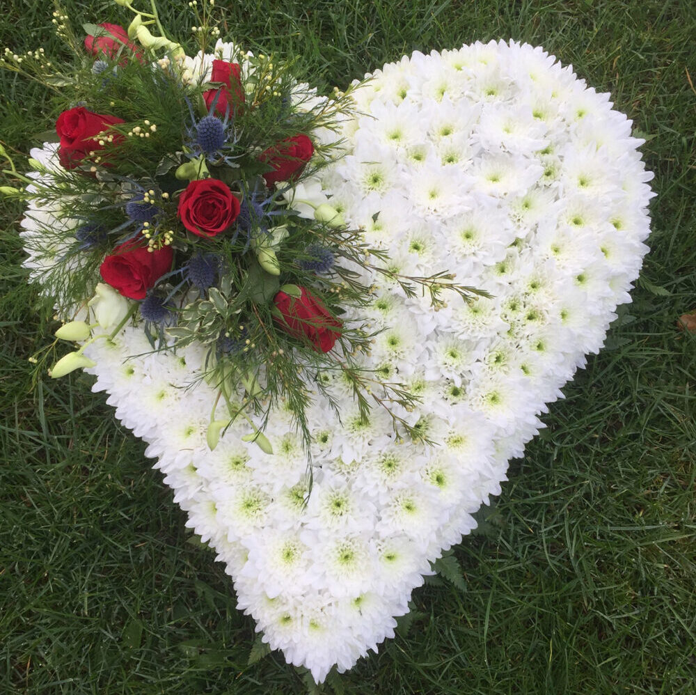 sympathy flowers, funeral, heart shape, white red green, roses