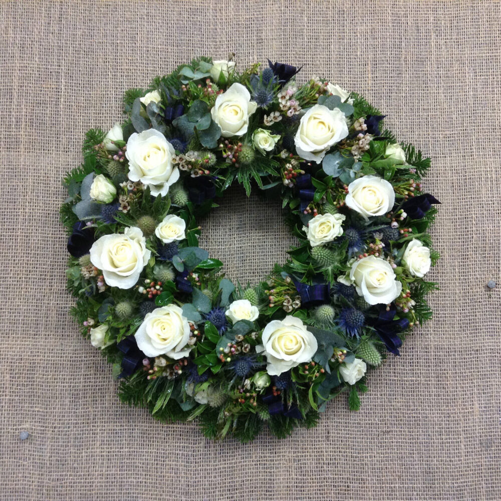 sympathy flowers, funeral, rose,wreath, white green purple