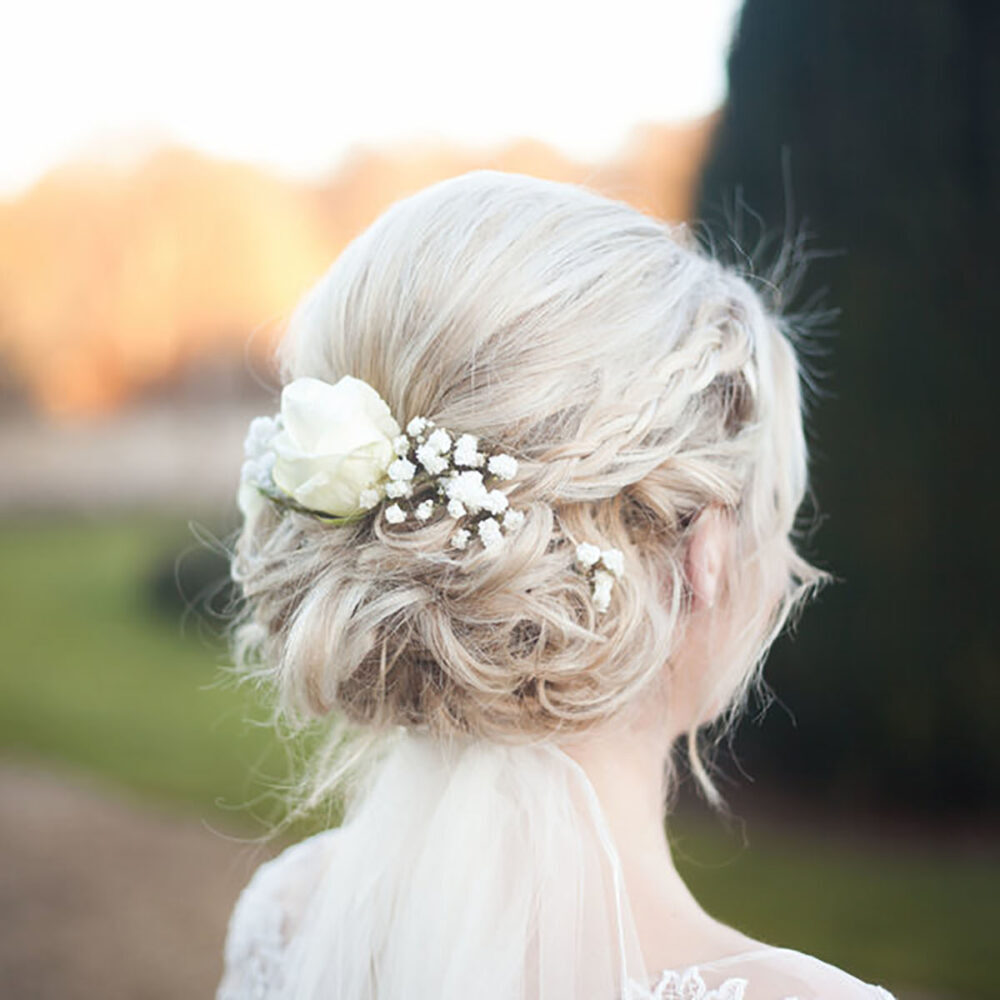 wedding flowers, bridal hair, rose, white