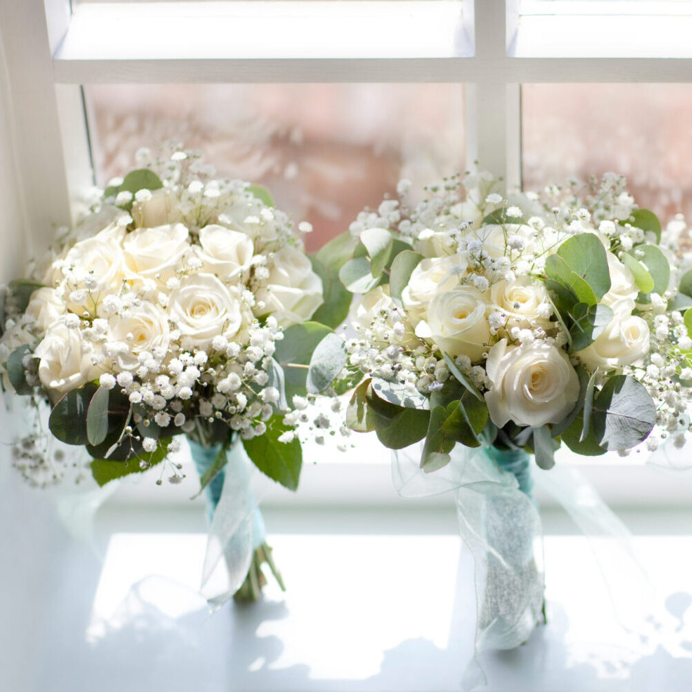 wedding flowers, bridesmaids bouquet, roses, white green