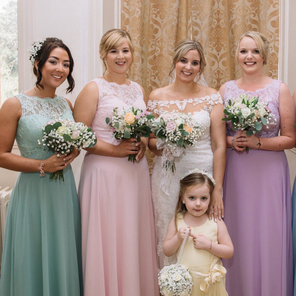 wedding flowers, bridesmaids bouquets, white green
