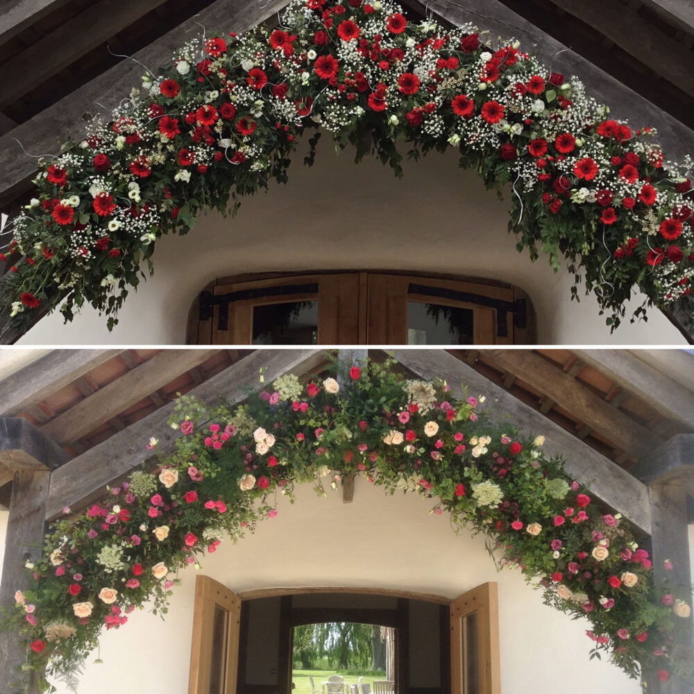 wedding flowers, church hall, red white green