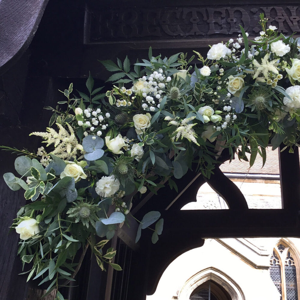 wedding flowers, church, green white