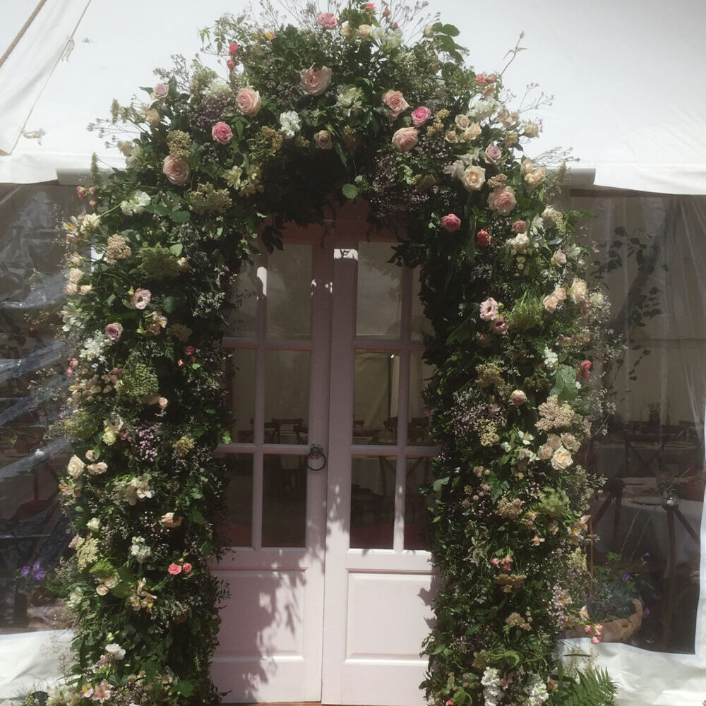 wedding flowers, flower arch, pink white green