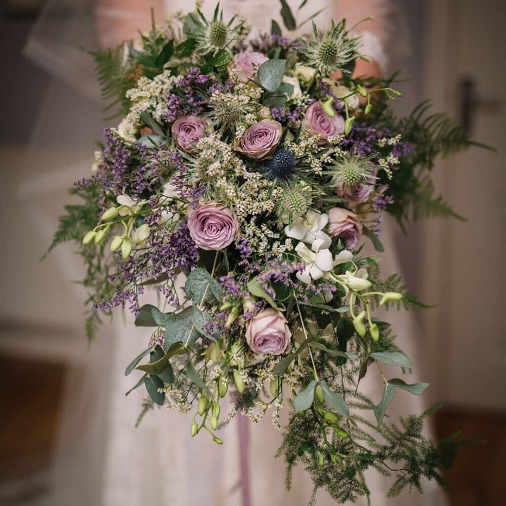 wedding flowers, bride, bridal bouquet, purple white green